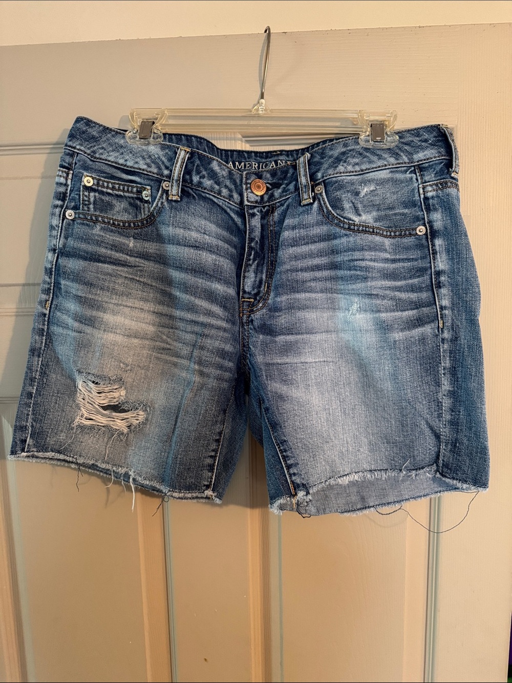 American Eagle Outfitters Blue Distressed Mid-Rise Denim Shorts